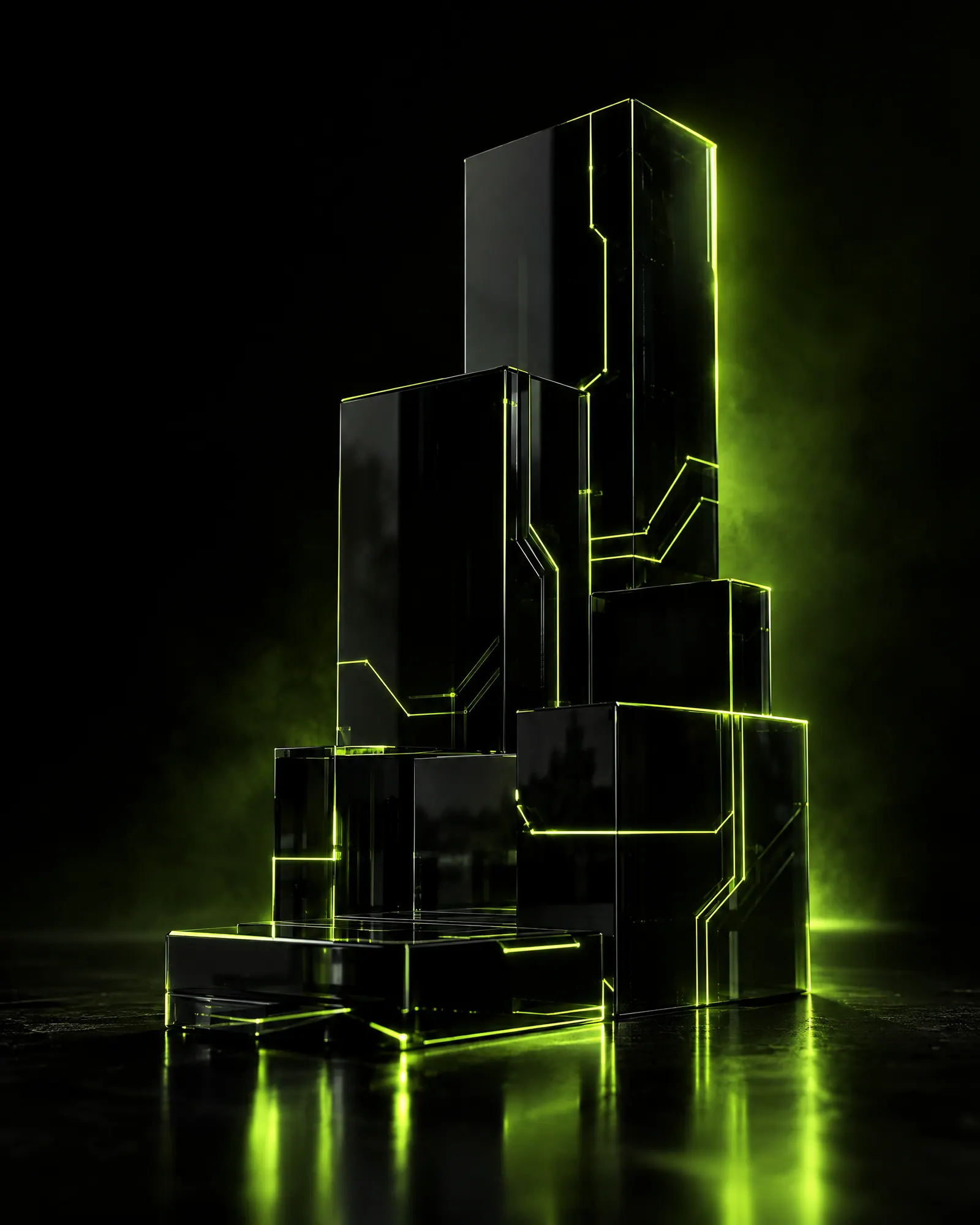 Stacked dark monoliths traced with glowing lime circuits