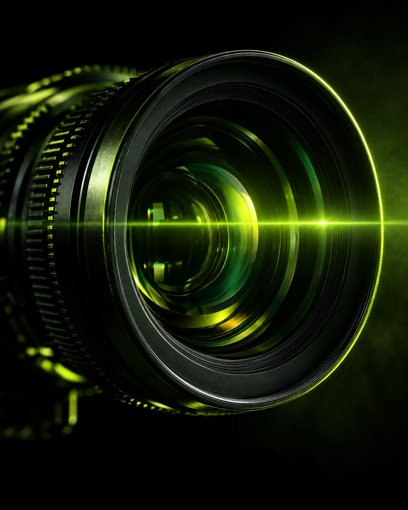 Cinema lens with a lime flare across it
