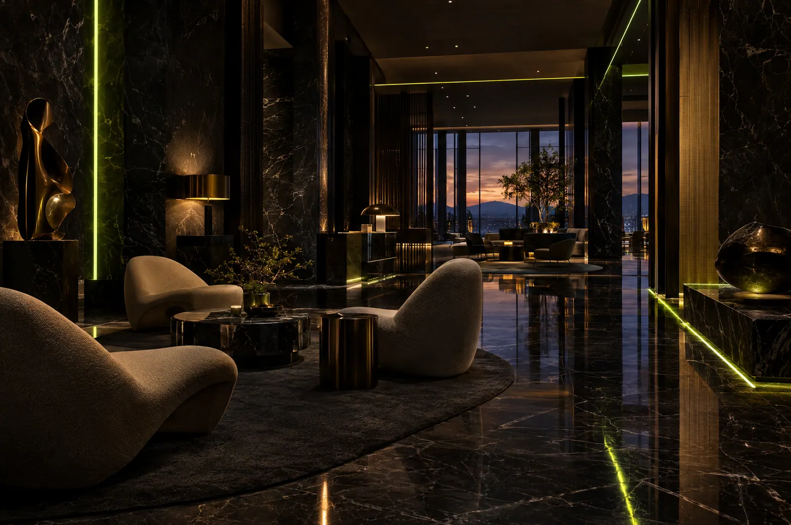 Dark marble hotel lobby with lime light lines and a sunset view
